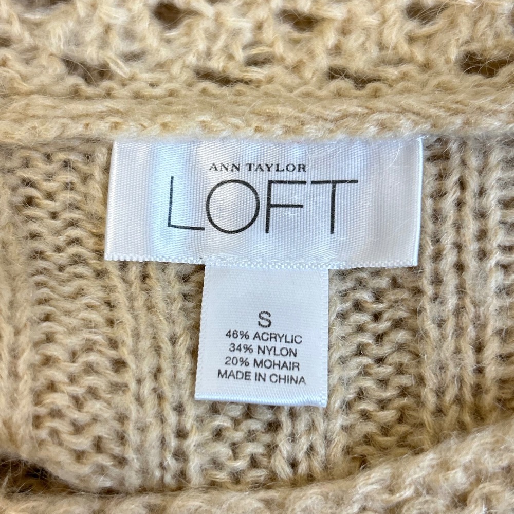 Y2K LOFT Mohair Blend Knit Sweater Beige Scoop Off Shoulder Size S Pointelle - Picture 3 of 9